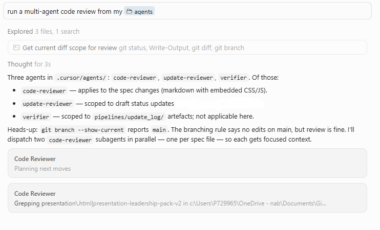 Cursor-style agent UI running a multi-agent code review with two Code Reviewer subagents in parallel