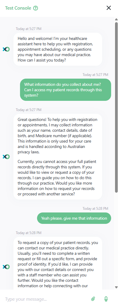 Flow XO test console, the assistant answering a patient question about what data it collects and whether records are accessible, with a scoped answer referring to Australian privacy laws and offering a handoff