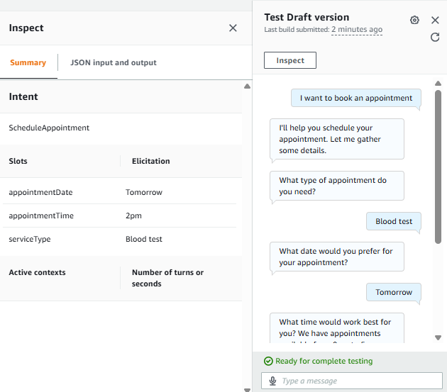 Lex test console, a four-turn booking conversation on the right and the inspect panel on the left showing the ScheduleAppointment intent with all three slots filled from the dialogue