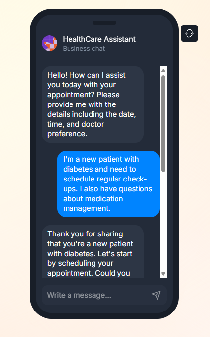 ManyChat healthcare assistant conversation in a phone preview, opening with an offer to help with an appointment, the patient describing a diabetes check-up and medication questions, and the bot acknowledging and moving to scheduling